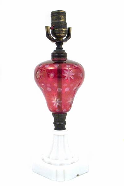 Appraisal: A blown and molded cranberry and milk glass oil lamp