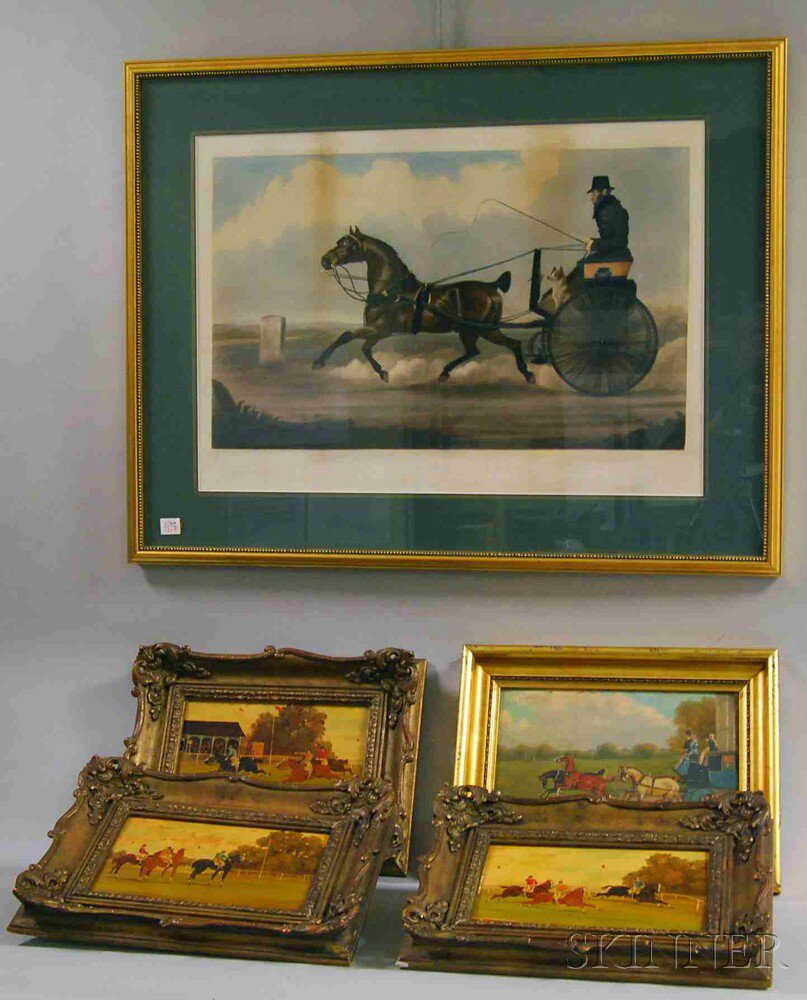 Appraisal: Five Framed Equestrian Works a large hand-colored coaching engraving The