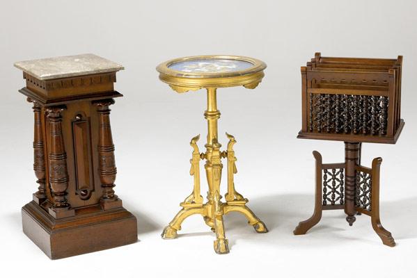 Appraisal: VICTORIAN PEDESTALS Round gilded pedestal with beadwork under glass square