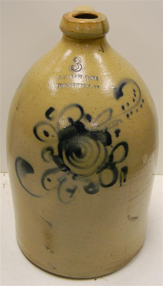 Appraisal: Riedinger Caire Poughkeepsie NY three gallon salt glazed stoneware jug