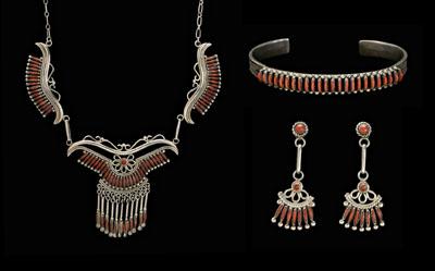 Appraisal: Zuni coral silver jewelry sterling necklace matching earrings with needlepoint