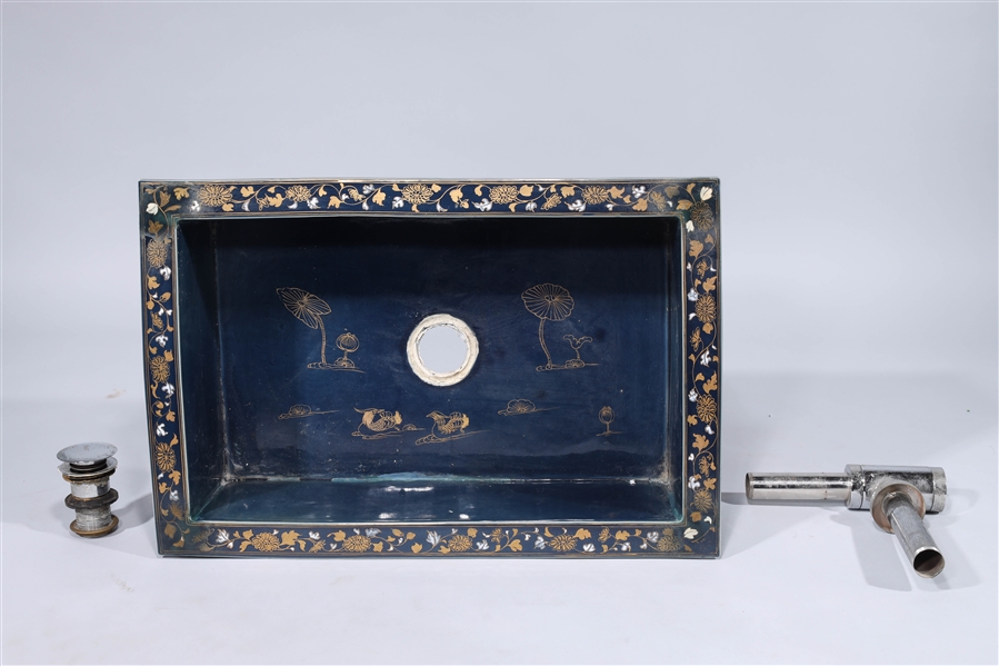 Appraisal: Chinese porcelain sink with gilt designs with metal plumbing materials