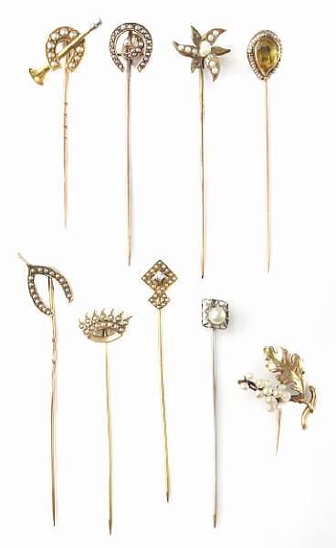 Appraisal: A collection of nine seed pearl and gold stick pins