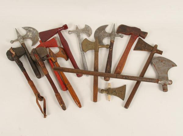 Appraisal: Lodge axes and tomahawks wood metal and stone ceremonial items