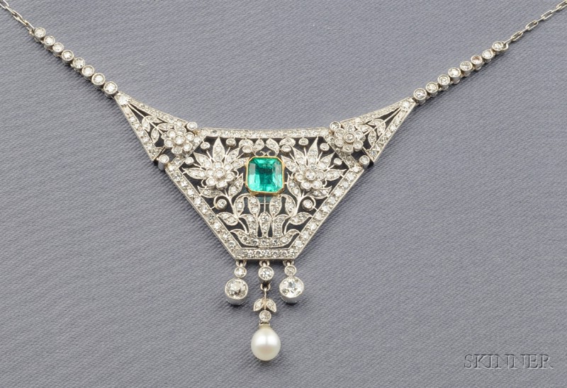 Appraisal: Art Deco Emerald and Diamond Necklace bezel-set with an emerald-cut