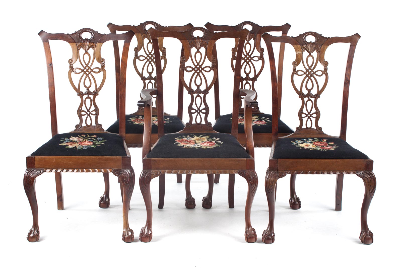 Appraisal: Five Chippendale style mahogany dining chairs each with openworked crest