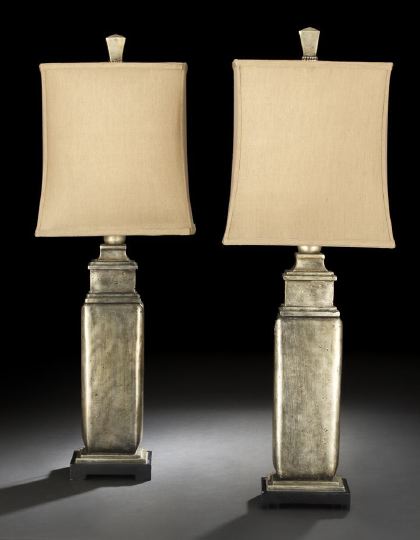 Appraisal: Pair of French Silvered Wood Chinoiserie Table Lamps in the