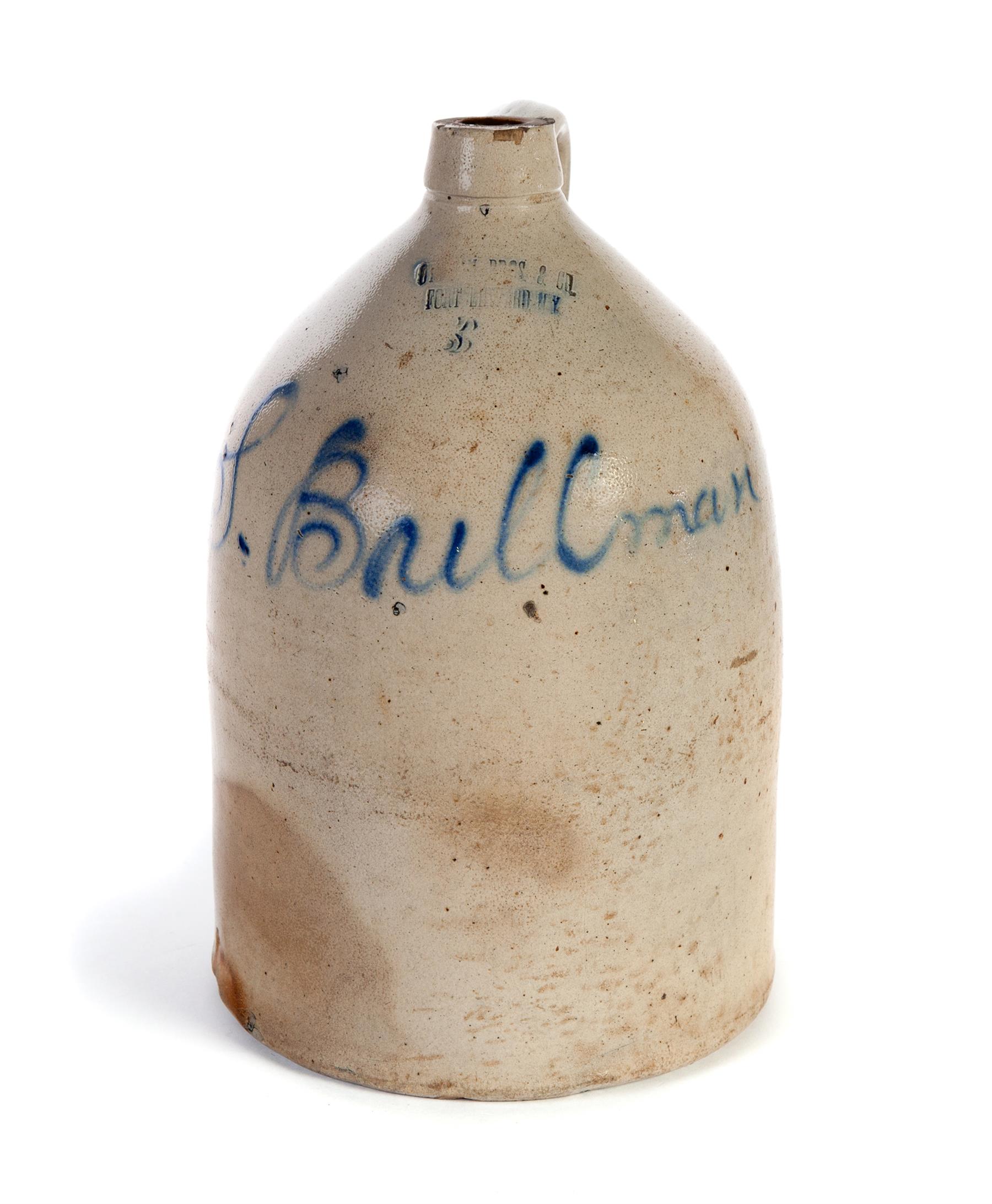 Appraisal: THREE-GALLON STONEWARE JUG WITH FREEHAND COBALT DECORATION Fort Edward New