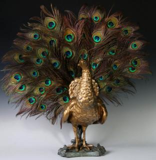 Appraisal: A VERY UNUSUAL CIRCA SPELTER PEACOCK FIGURE A detailed full