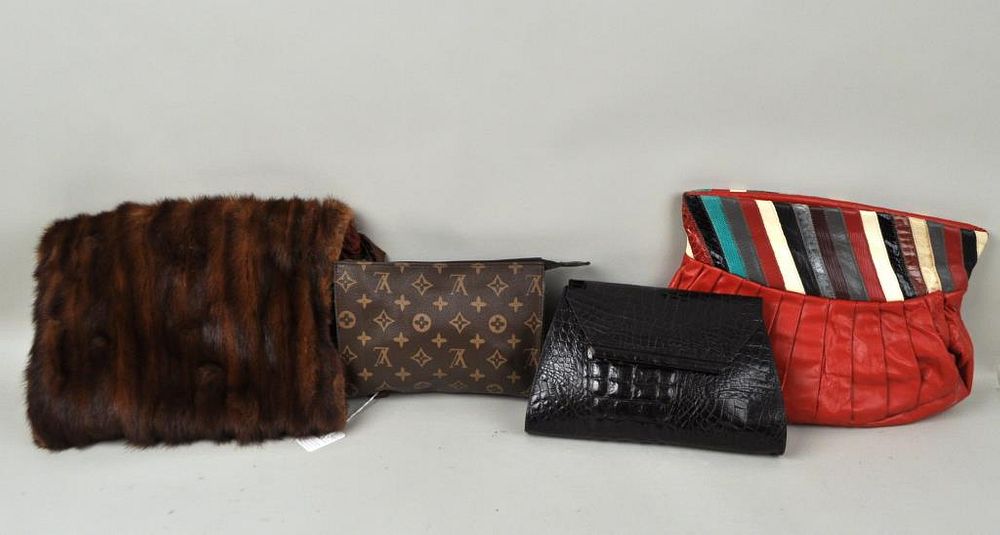 Appraisal: Three Vintage Leather Handbags Mink Cuff including a Vuitton style