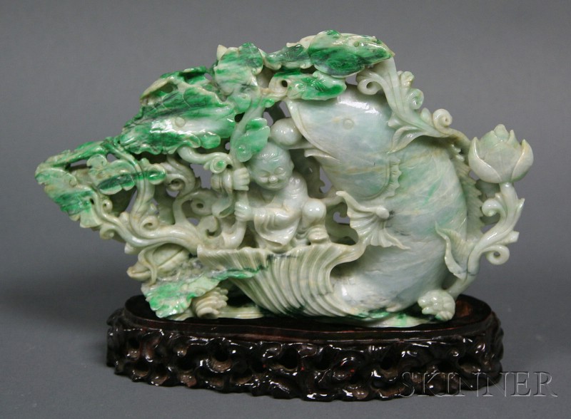 Appraisal: Jade Carving China th century green stone with bright green