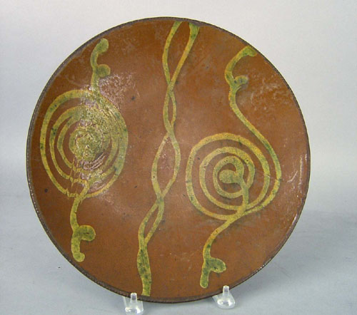 Appraisal: Redware charger th c with yellow and green slip decoration