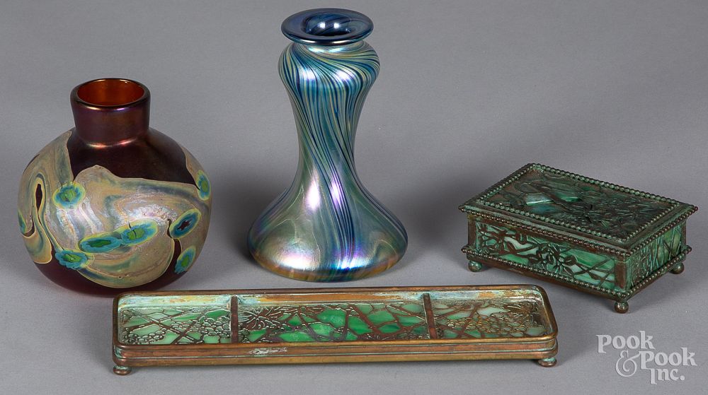 Appraisal: Tiffany Studios bronze and slag glass pen tray Tiffany Studios