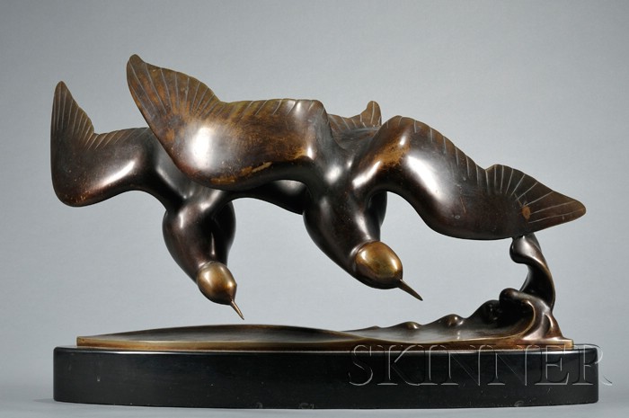 Appraisal: J B Leonard Bronze Sculpture Cast bronze on polished slate