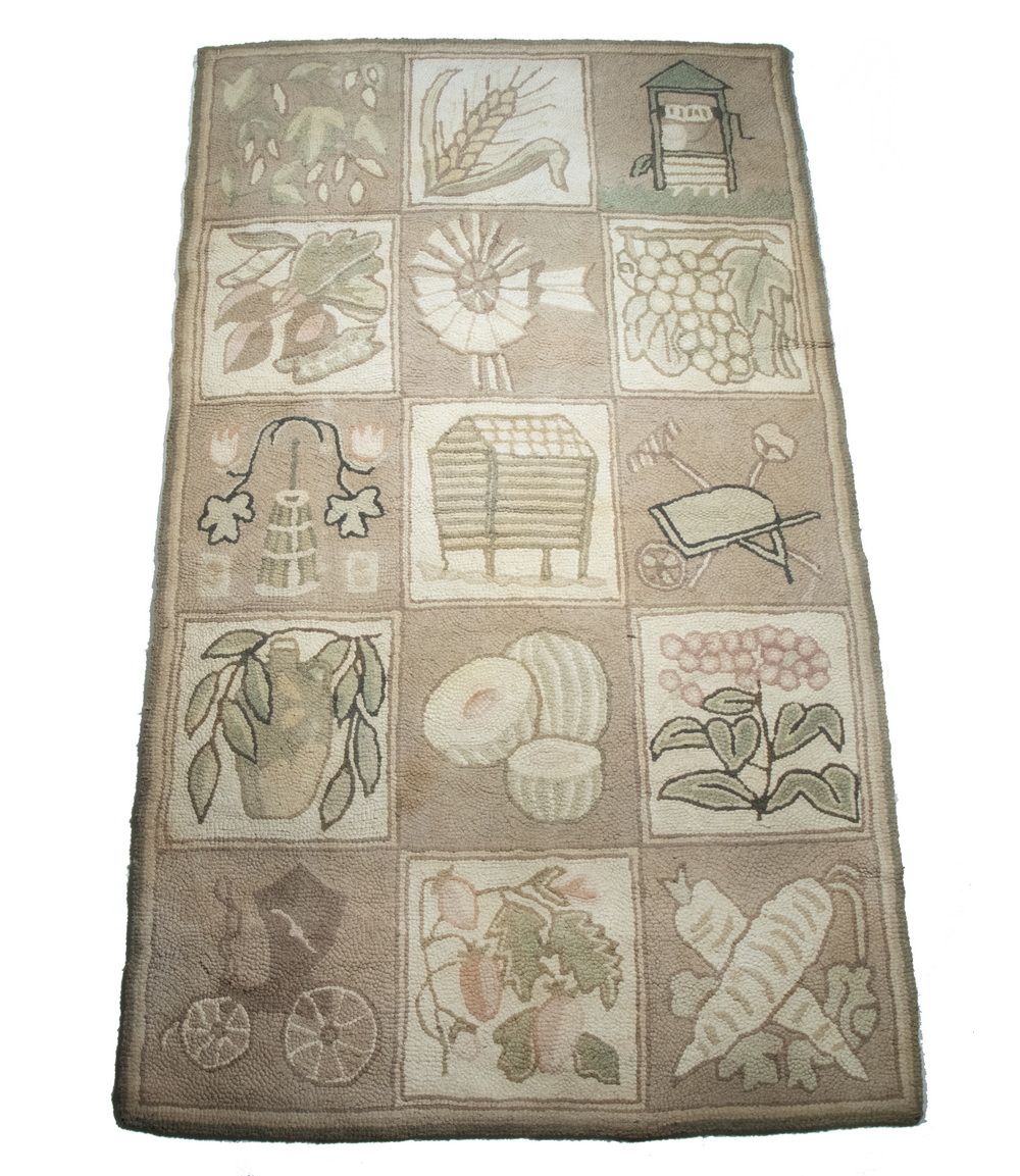 Appraisal: FARM THEMED HOOKED RUGS WITH SAME SYMBOLS BUT OF DIFFERENT