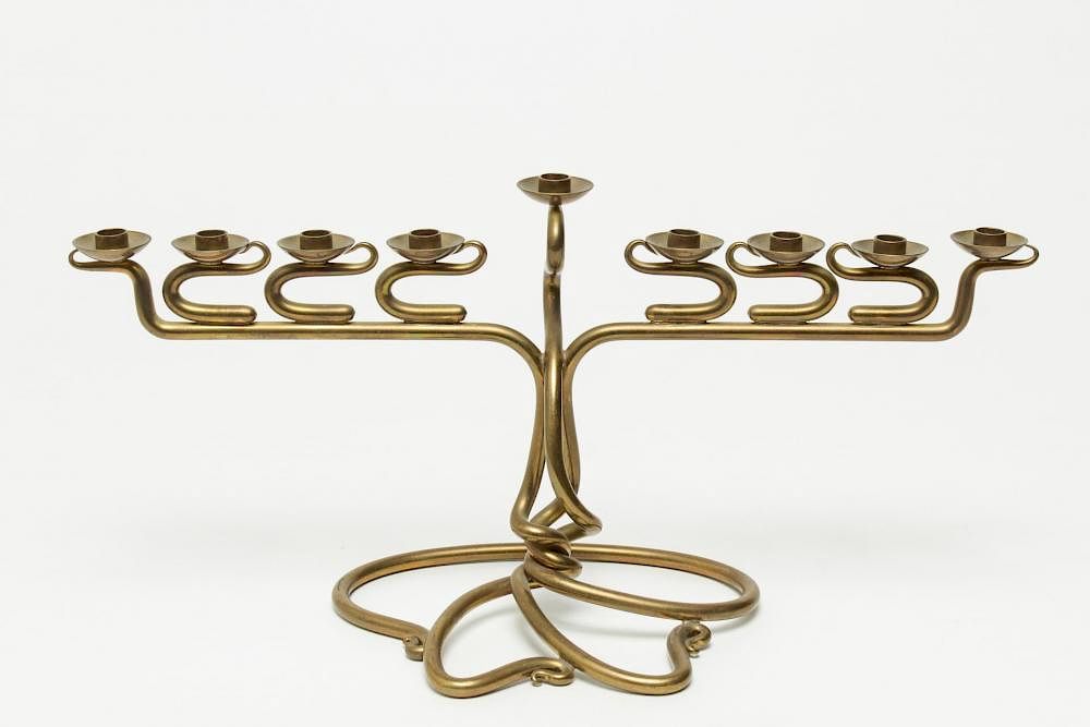 Appraisal: Joe Spoon Hanukkah Menorah Modernist in Brass Hanukkah menorah by