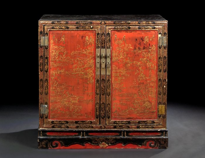 Appraisal: Chinese Lacquered and Painted Wood Two-Door Storage Cabinet th century