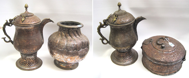 Appraisal: FOUR TURKISH COPPER SERVING PIECES pair covered hot water pitchers