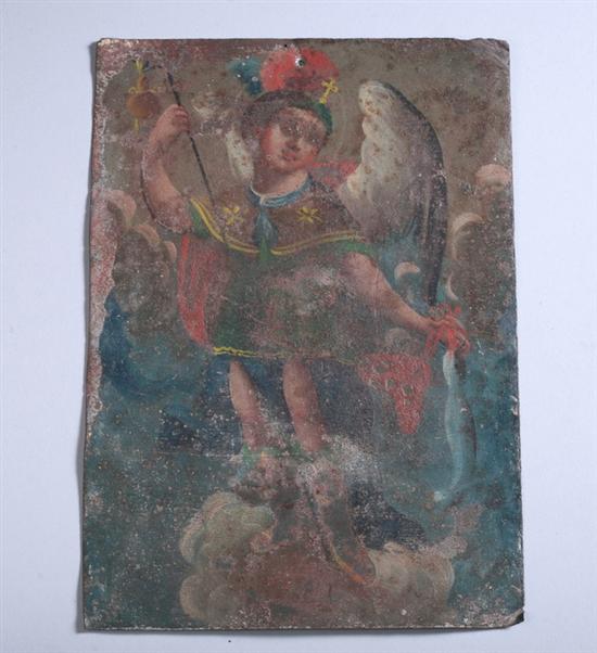 Appraisal: SPANISH COLONIAL RETABLO OF ARCHANGEL MICHAEL th century Oil on