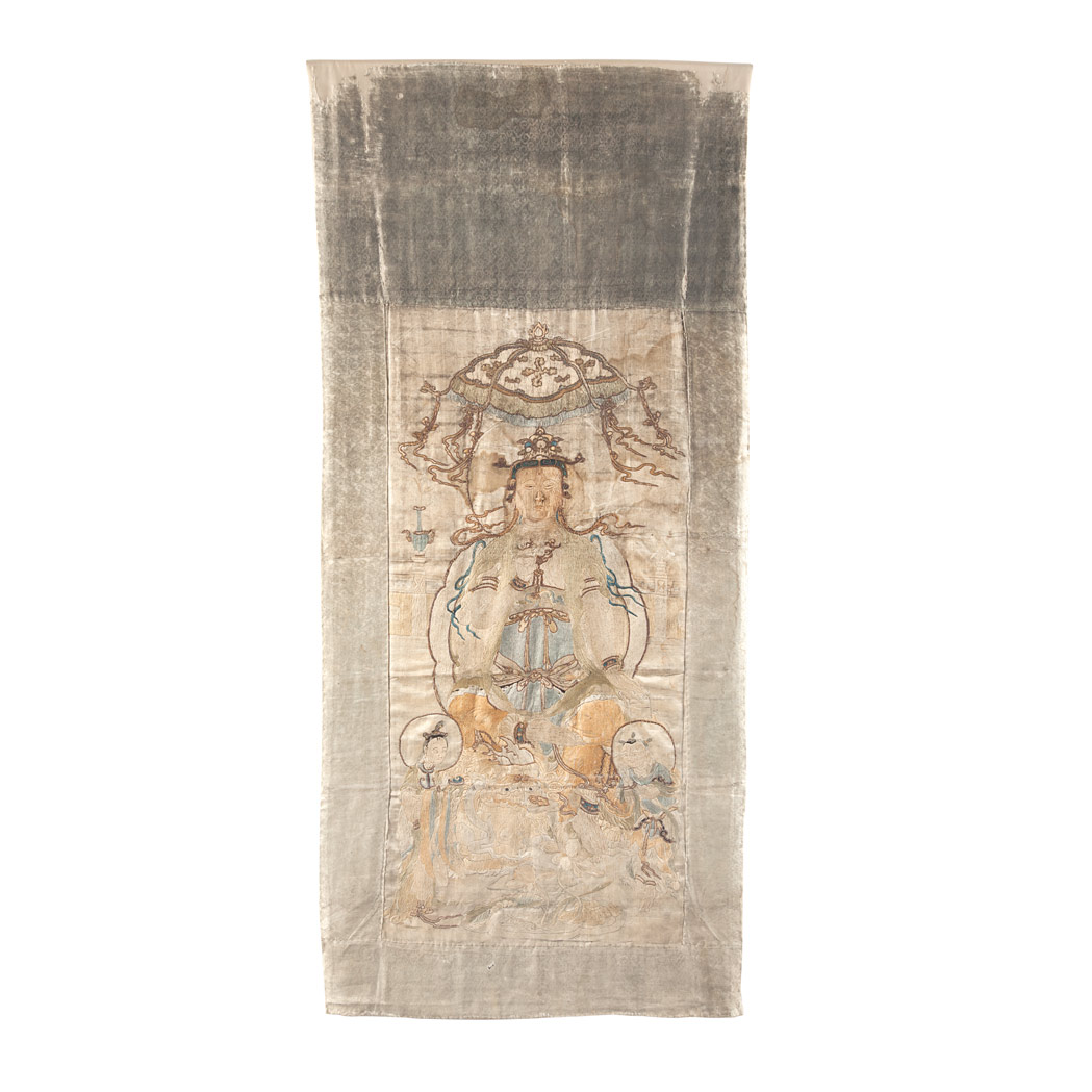 Appraisal: Chinese Silk Embroidered Hanging Ming Dynasty A central Bodhisattva seated