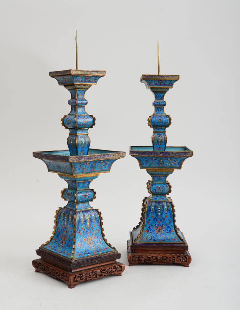 Appraisal: FINE PAIR OF CANTON ENAMEL PRICKET STICKS In the chien