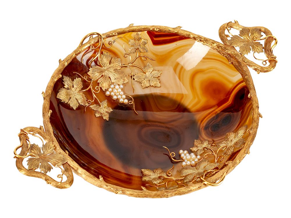 Appraisal: An k Gold and Pearl-Mounted Agate Bowl An k Gold