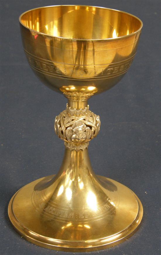 Appraisal: French silver gilt chalice on circular spreading foot the stem