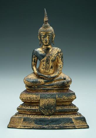 Appraisal: Thai bronze Buddha ratnakosin style wearing close-fitting robes coiffure of