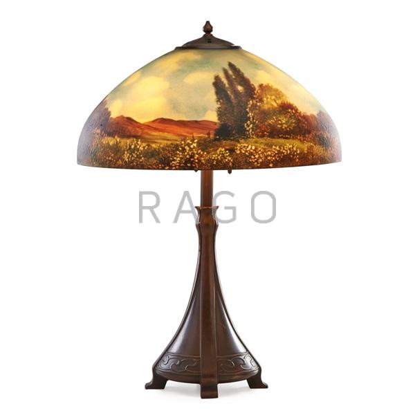 Appraisal: HANDEL Woodlands scenic table lamp Condition Report Some cleaning to