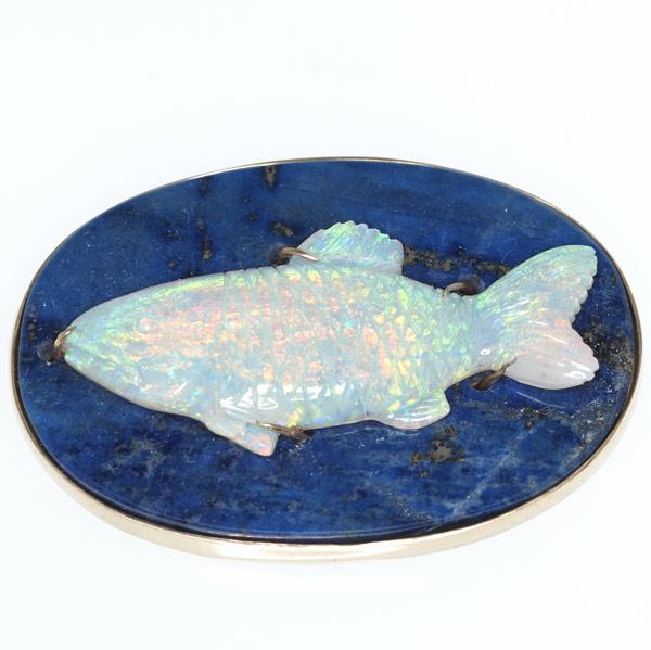 Appraisal: CARVED OPAL FISH BROOCH k ca Blue-green opal with red-orange