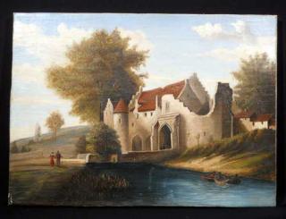 Appraisal: Monastery Countryside ORIGINAL OIL PAINTING ON CANVAS Aristocracy Ruin Naive