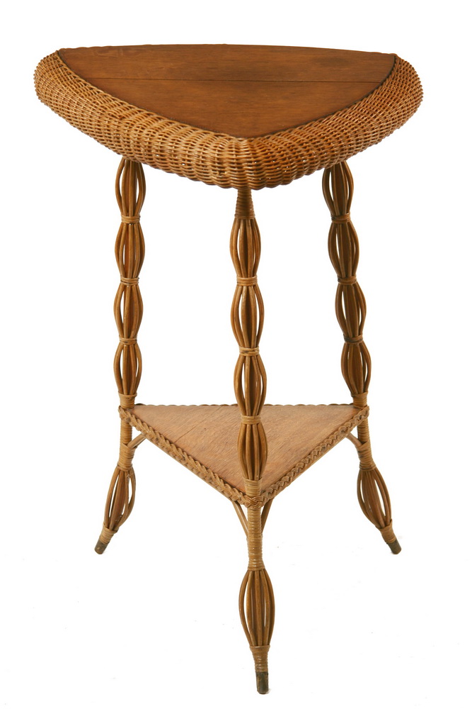 Appraisal: WICKER TABLE - Triangular Heywood Wakefield Lamp Table with quarter