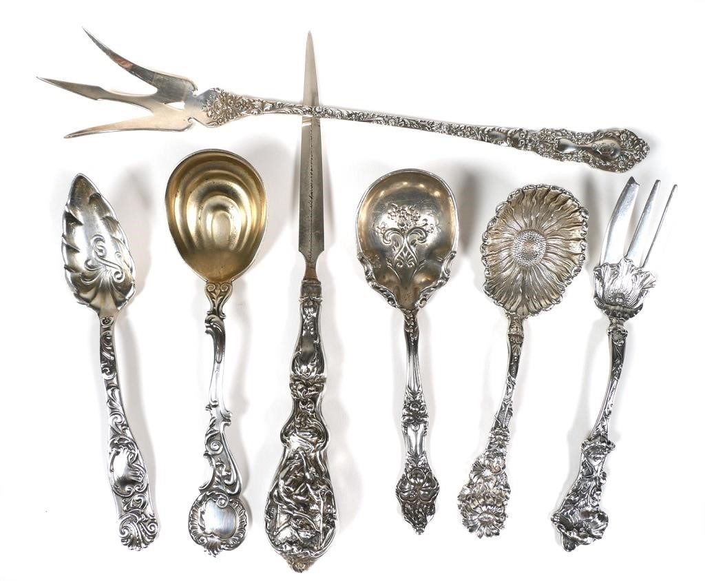 Appraisal: STERLING ART NOUVEAU FLATWARE PIECESSeven pieces of Art Nouveau era