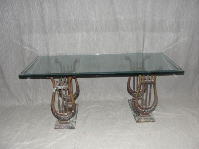 Appraisal: Bronze Signed Lyre Base Coffee Table From a Long Island