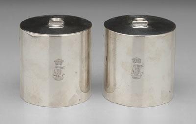 Appraisal: Pair English silver tea caddies cylinder form with ring handles