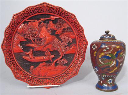 Appraisal: Carved cinnabar-type plate and Japanese enamel covered jar