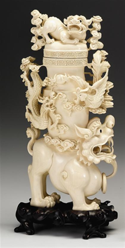 Appraisal: Pair of large Chinese elephant ivory covered vases Of fu-lion