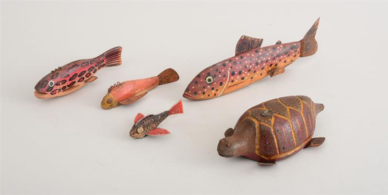 Appraisal: FOUR CARVED AND PAINTED WOOD FISH AND A TURTLE With