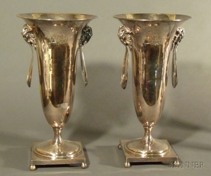 Appraisal: Pair of English Silver Plate Trumpet Vases late th century