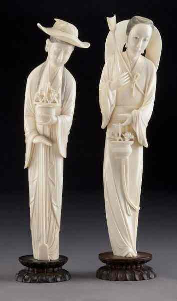 Appraisal: Pr Chinese Qing carved ivory ladies International buyers should note