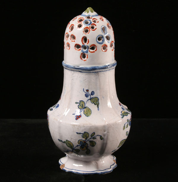 Appraisal: Early Italian earthenware redware sugar shaker muffineer hand painted H