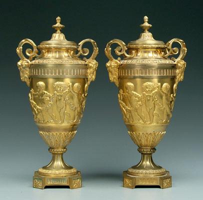 Appraisal: Pair bronze dor urns scrolled handles with ram's head mounts