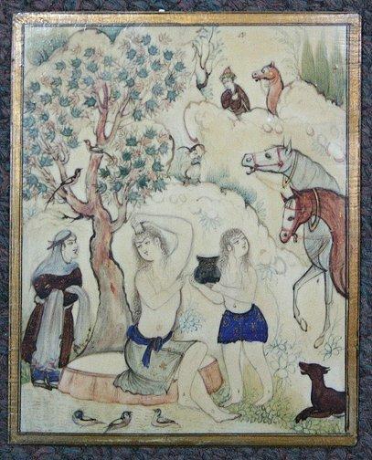 Appraisal: MINIATURE EROTIC PERSIAN PAINTING ON IVORY '' X '' depicts