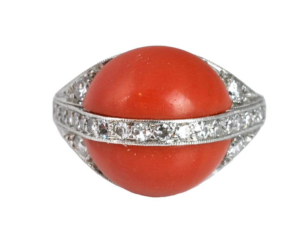 Appraisal: Ladies Platinum Diamond Coral Art Deco Ring Art Deco platinum