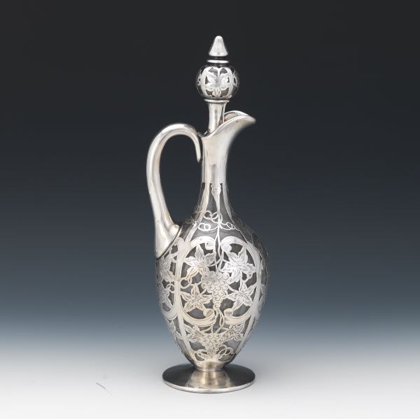 Appraisal: STERLING SILVER OVERLAY GLASS WINE EWER Baluster form glass ewer