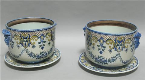 Appraisal: PAIR OF GIEN FAIENCE CACHE POTS AND STANDS Of circular