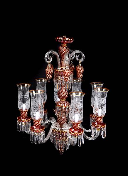 Appraisal: A Bohemian style parcel gilt and ruby glass chandelier approximate