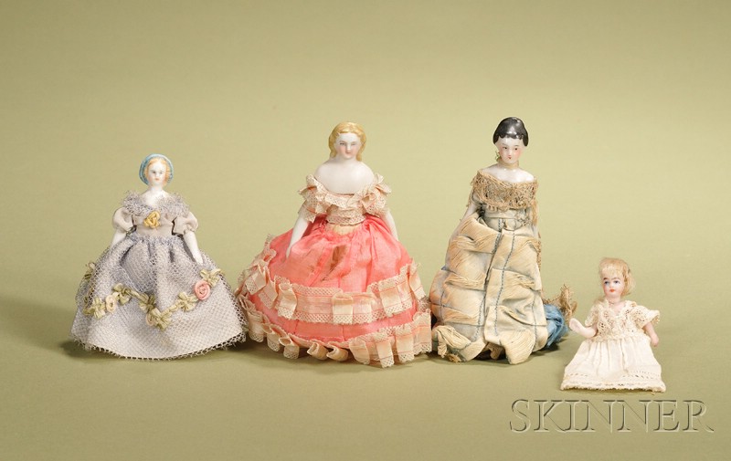 Appraisal: Four Dollhouse Dolls Germany late th century including parian-type with