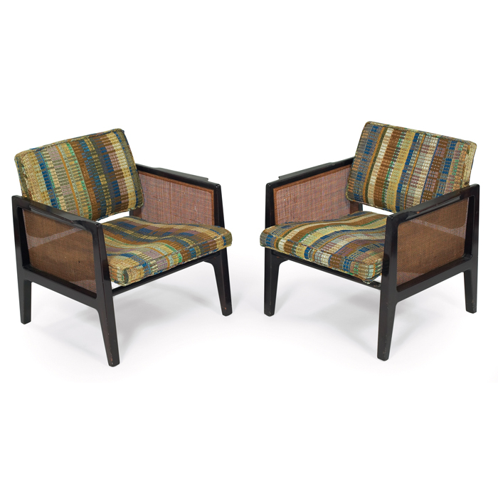 Appraisal: Edward Wormley lounge chairs pair by Dunbar ebonized mahogany frames