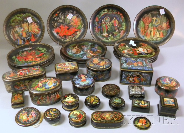 Appraisal: Twelve Russian Small Lacquered Boxes Seven Russian Porcelain Boxes One